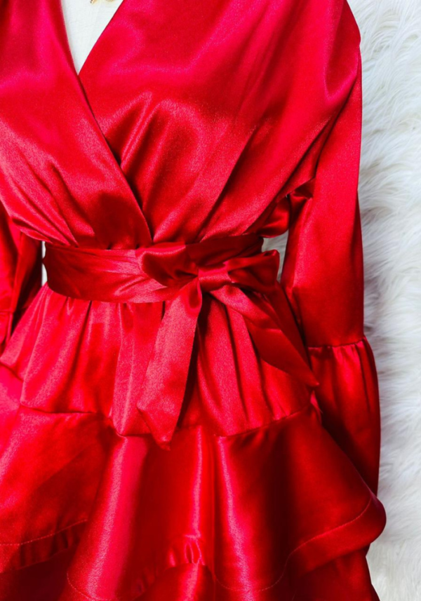 Royal Red High End Satin Lantern Long Sleeve Ruffled Dress - Image 4