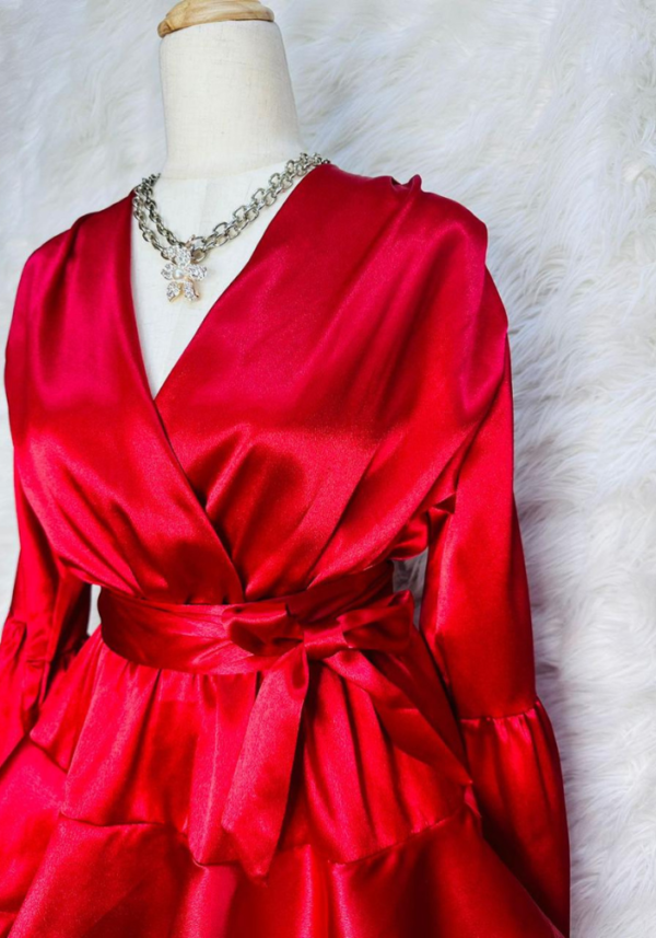 Royal Red High End Satin Lantern Long Sleeve Ruffled Dress - Image 5