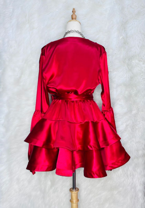 Royal Red High End Satin Lantern Long Sleeve Ruffled Dress - Image 6