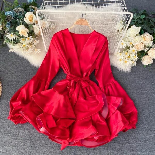 Royal Red High End Satin Lantern Long Sleeve Ruffled Dress