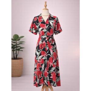 Red Floral Belted Midi Dress Brand: Lefties