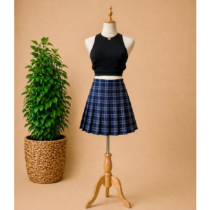 Navy Blue Plaid Pleated Skort