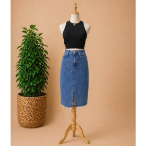 Patterned Blue Denim Skirt with Front Slit Brand Denim Co